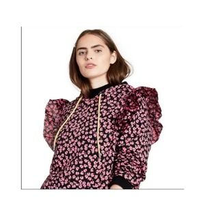 Sandy Liang Target Floral Puff Sleeve Hoodie S Pink Black Ruffle Sweatshirt